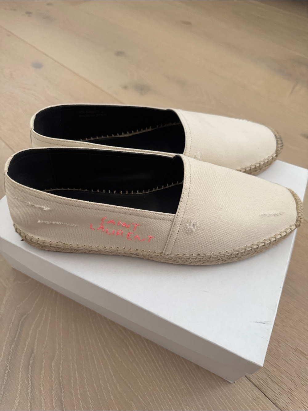 Saint Laurent Cream Canvas Espadrilles with pink embroidered Logo